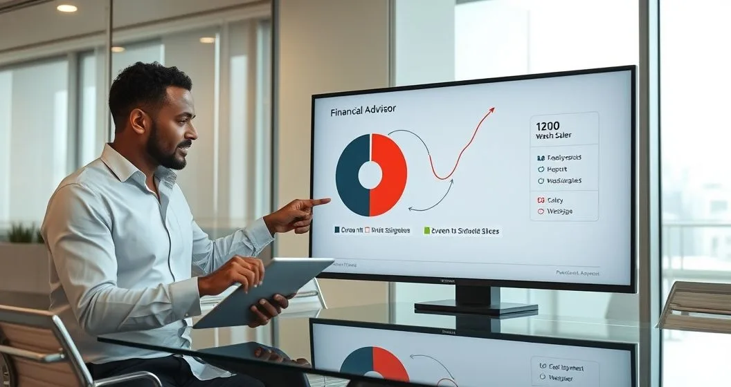 Financial advisor and client review a portfolio pie chart with a red loss slice and arrows showing reinvestment plus a small calendar referencing the thirty day wash sale window.