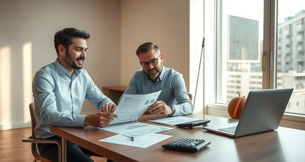 Small business owner and tax advisor reviewing financial documents and laptop charts at a minimalist office table