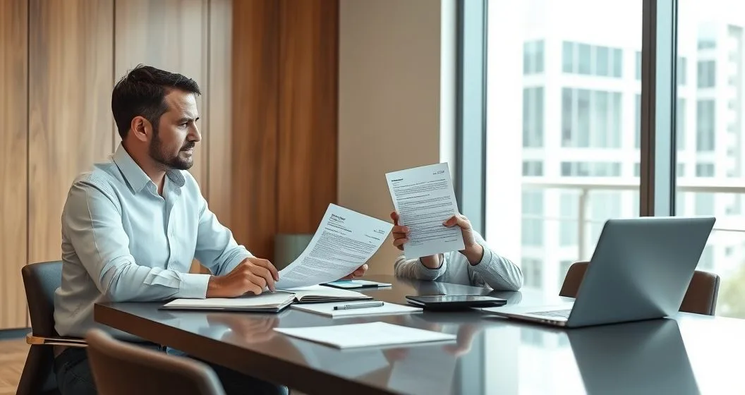 Client and tax advisor reviewing a refund offset notice at a conference table with a laptop and tablet
