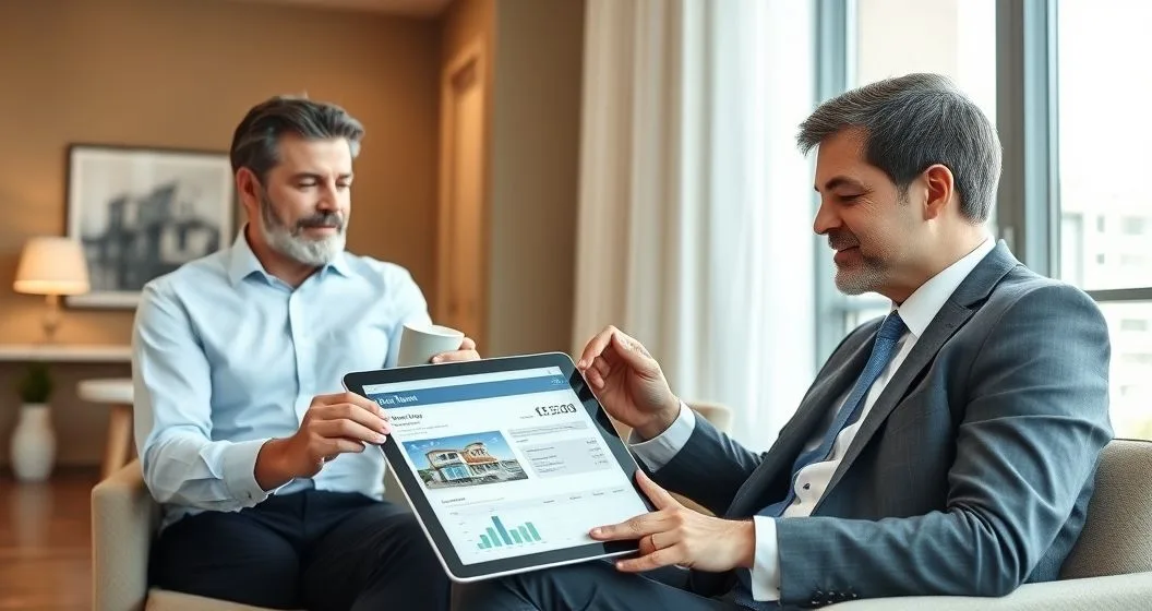 Homeowner and tax advisor reviewing closing documents and a tablet photo of a vacation home to calculate capital gain