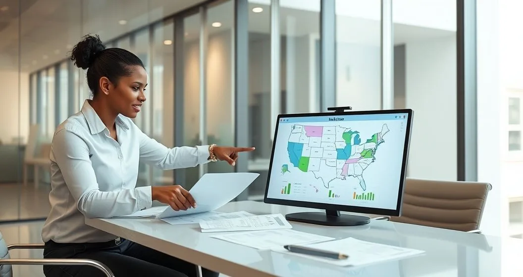 Tax advisor points to laptop map highlighting two states while a couple reviews documents at a minimalist table in a modern office