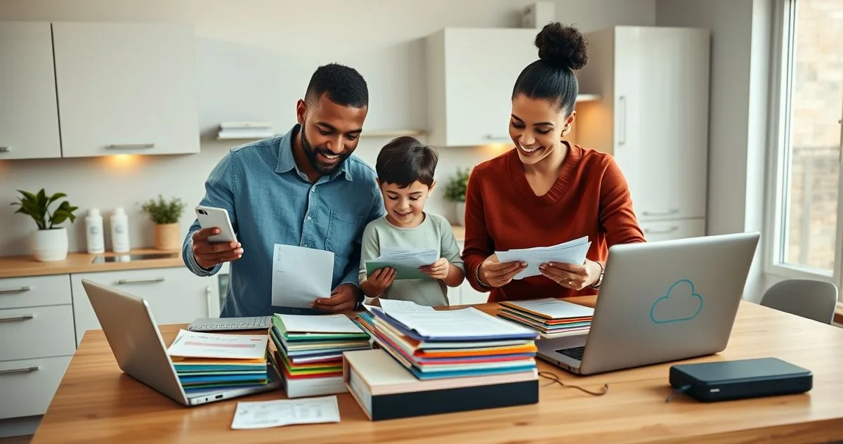 Family at a modern kitchen island sorting color coded folders and scanning receipts into a laptop with cloud backup to illustrate organized tax preparation