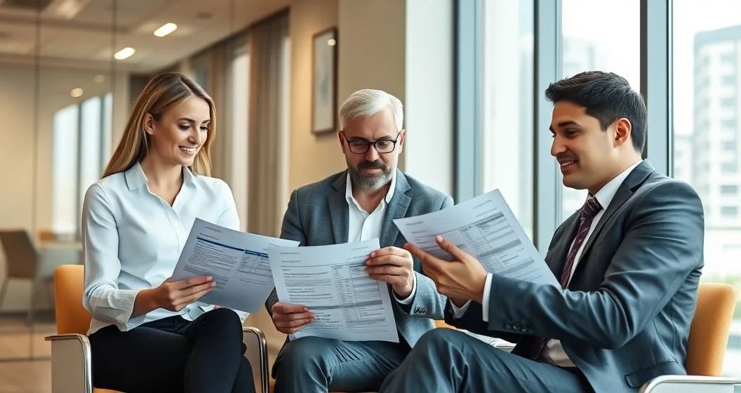 Married couple consulting a tax advisor separately reviewing individual tax documents and receipts