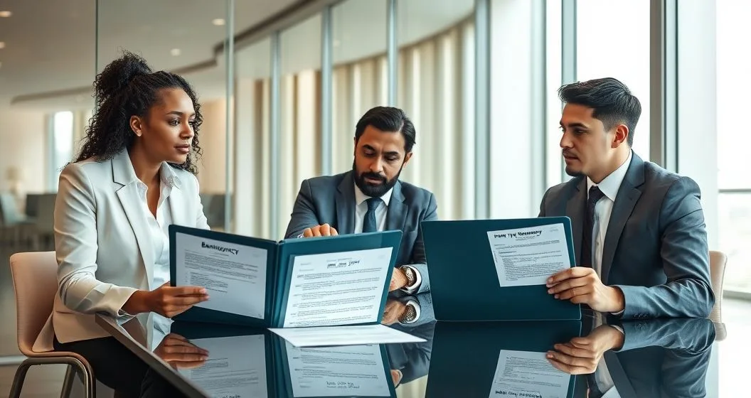 Two professionals compare a Bankruptcy folder showing Form 982 and an Offer in Compromise folder showing a 1099 C at a conference table with a client