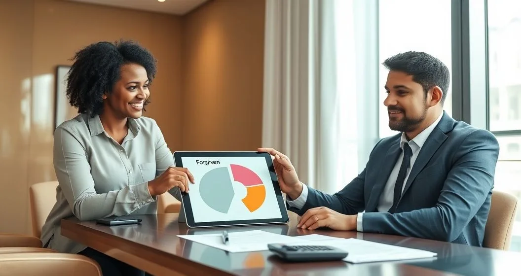 Financial advisor and client at a conference table looking at a tablet with a split chart representing a forgiven loan and a smaller tax portion loan documents and calculator on the table