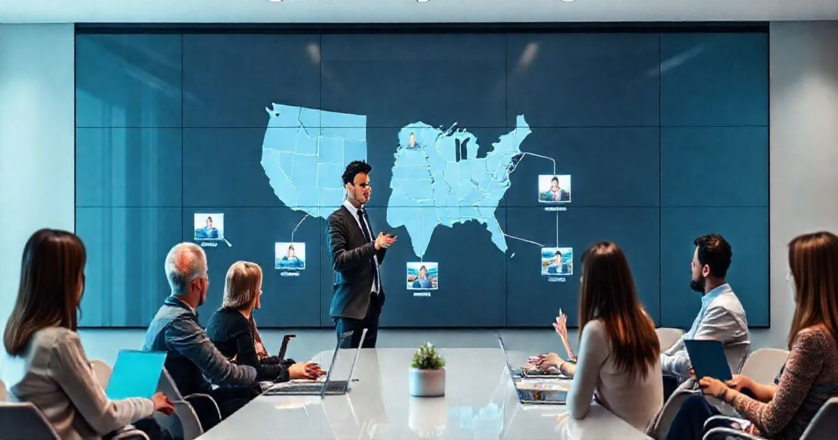 Tax advisor pointing at a US map on a large screen linking highlighted states to thumbnails of remote workers in home offices while diverse professionals observe