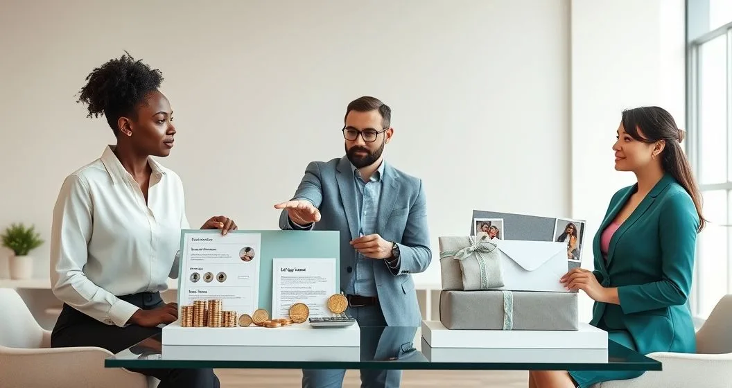 Financial advisor and clients comparing two tabletop displays with symbols for taxable income on the left and nontaxable income on the right in a modern office
