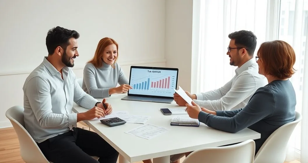 Three earners and a tax advisor reviewing comparative charts on a laptop at a clean home office table with a calculator and blurred financial papers