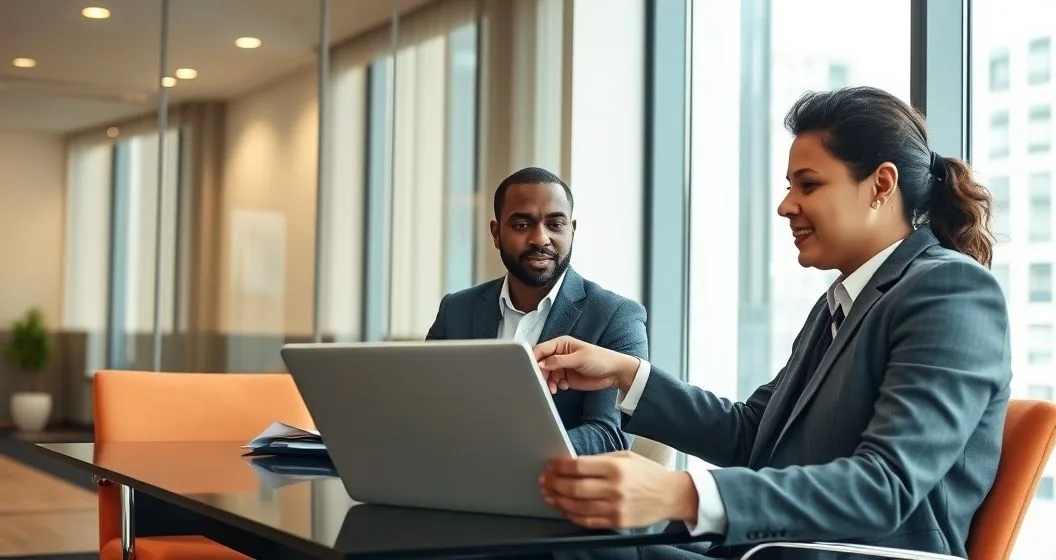 Taxpayer advocate reviews a case file with a relieved taxpayer in a private IRS style conference room while pointing to a blurred timeline on a laptop.