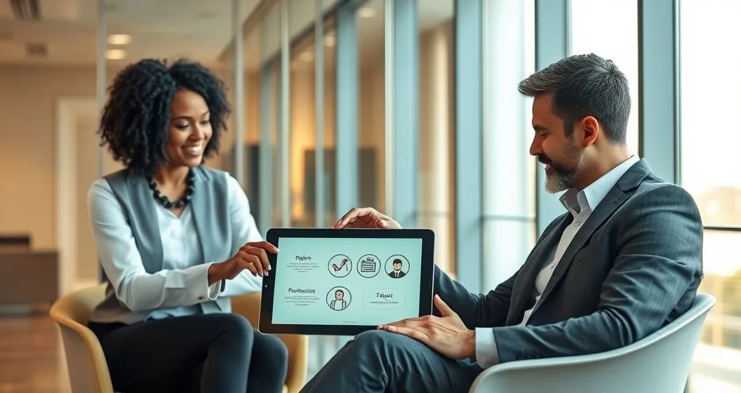 Tax advisor points to a tablet showing symbolic icons of taxpayer rights while advising a client in a modern office