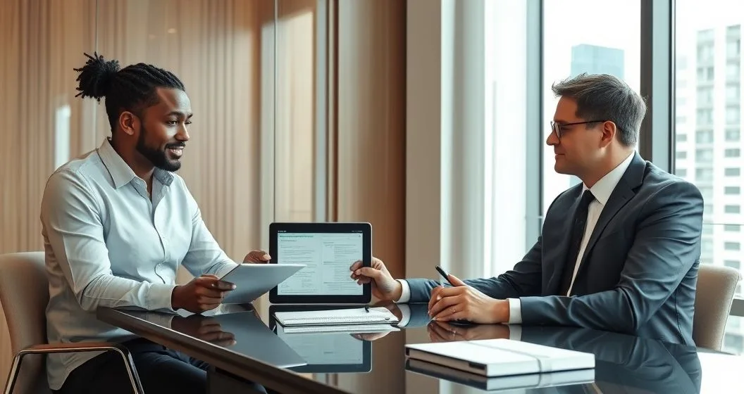 Taxpayer meeting with an attorney and IRS representative in a modern conference room discussing steps and confidentiality