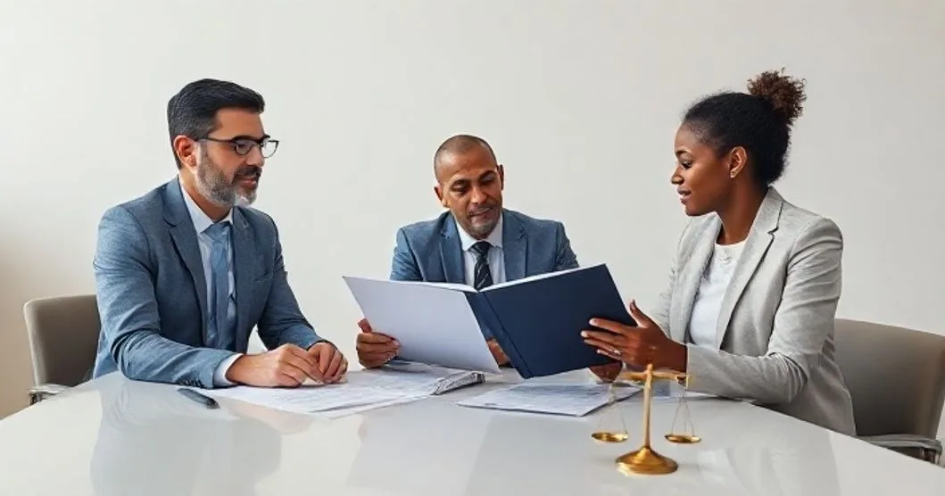 A diverse taxpayer listens as a tax attorney and IRS advisor review documents across a clean conference table with a small brass scale of justice symbolizing fairness