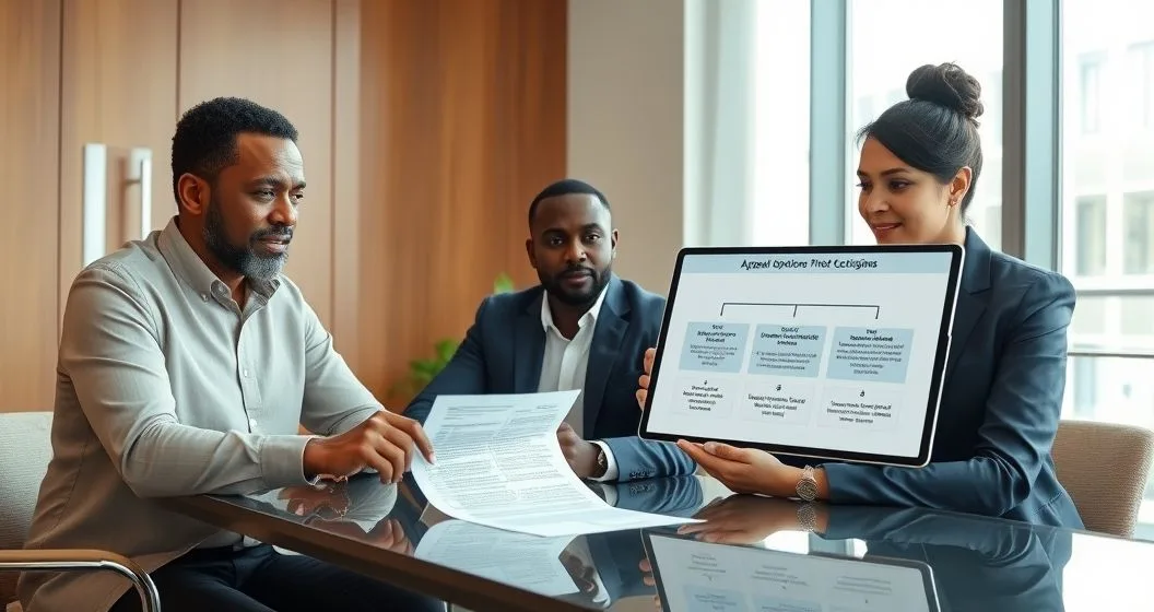 Taxpayer meets with tax professionals reviewing a notice and a tablet showing options for appeal and payment in a modern office