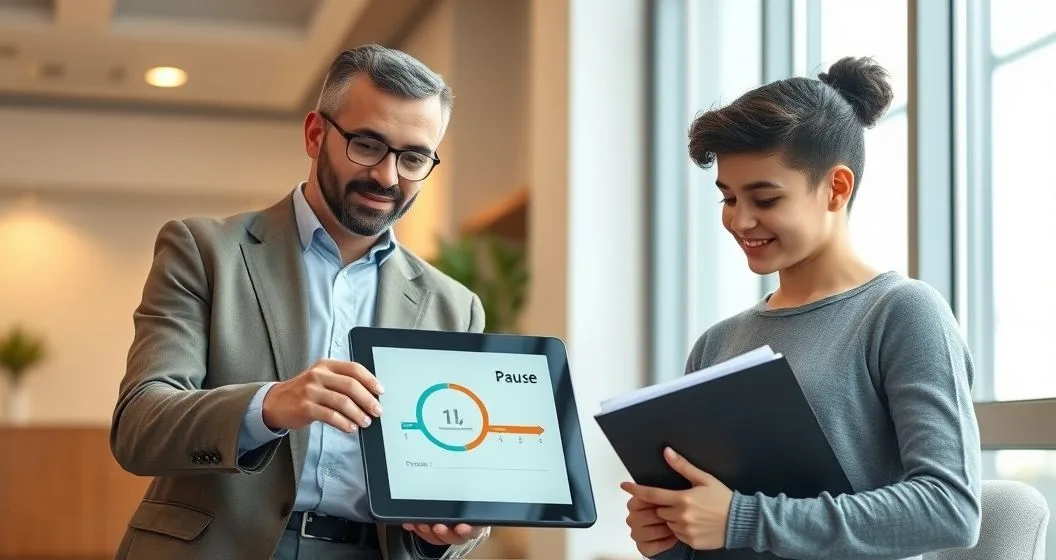 Financial counselor points to a tablet showing a pause symbol and timeline while a student listens relieved in a modern financial aid office