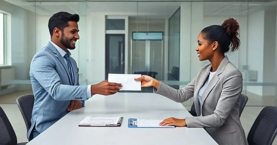 Borrower passes a sealed payment envelope to a loan officer across a minimalist conference table with a clipboard and pen ready to document acceptance