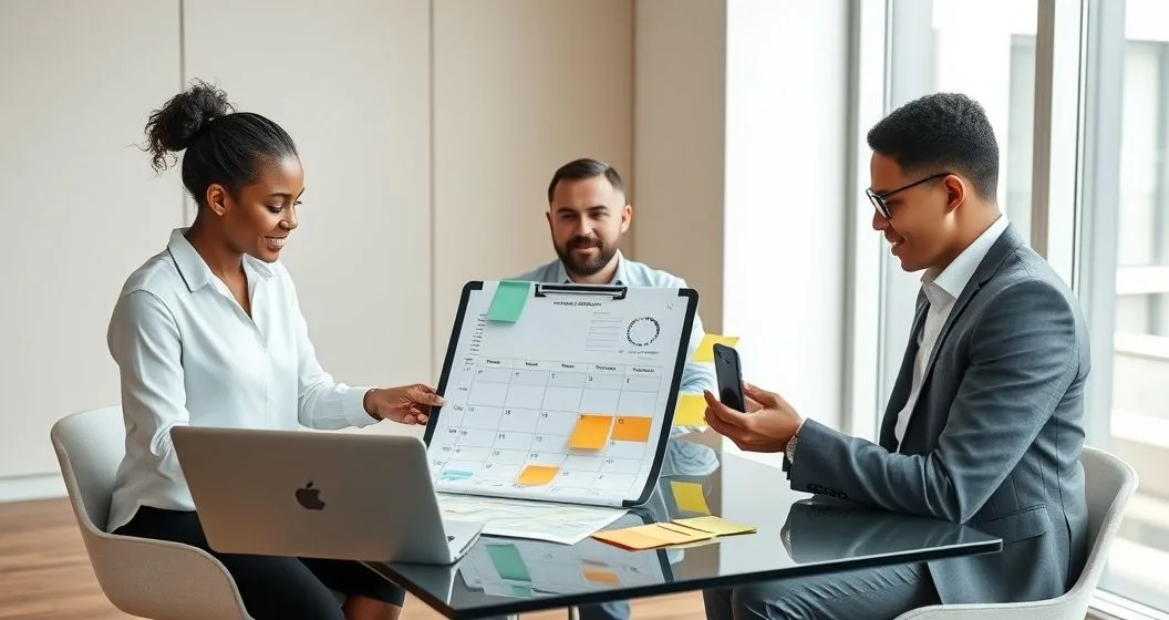 Three professionals working over a tablet and paper calendar creating a three month budget savings and automation plan in a modern office