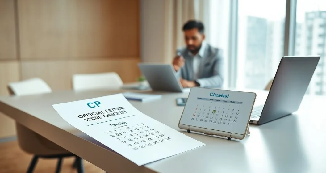 Financial advisor pointing at a printed timeline checklist and CP style letter on a minimalist desk while a diverse client takes notes and a laptop shows blurred payment options