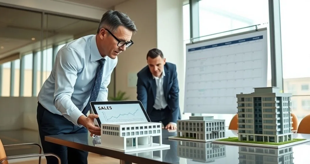 Business owner and tax advisor review calendar and tablet timeline with scale model of building to plan asset sale timing
