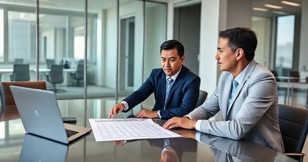 Financial advisor and client reviewing a calendar and laptop portfolio chart to plan timing of trades around expected income changes in a modern office