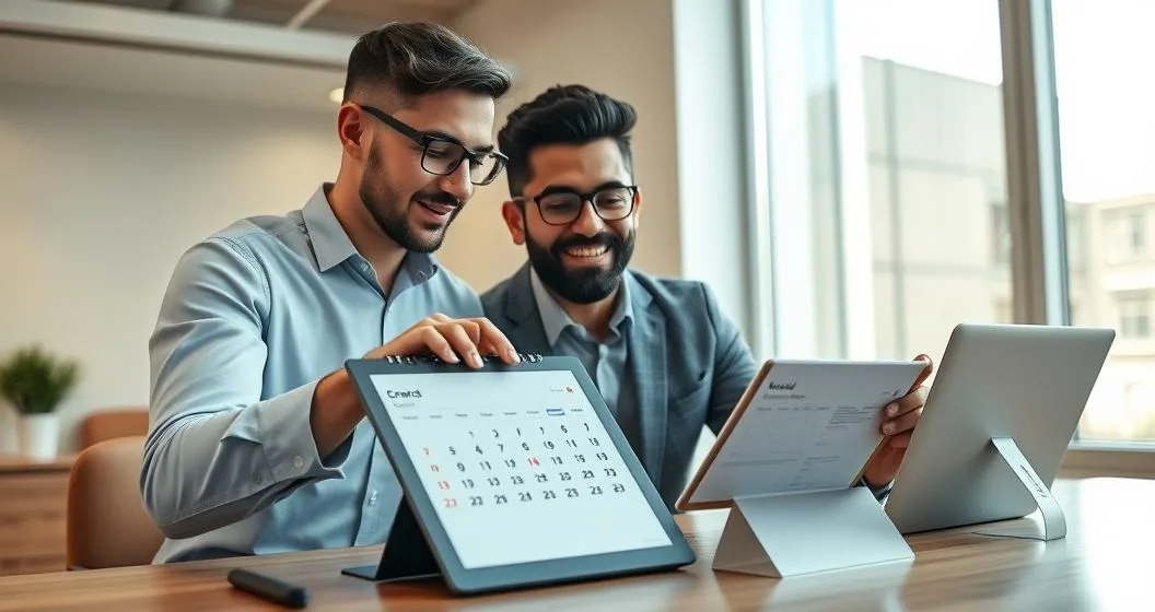 Financial advisor and client pointing at a desk calendar while viewing a tablet with a credit score timeline to plan new credit applications