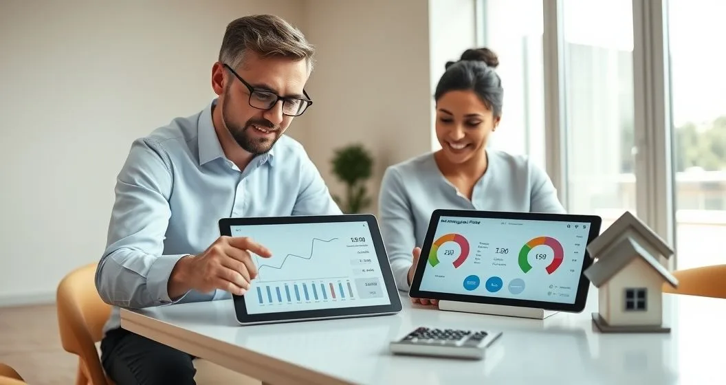 Mortgage advisor and homeowners review a rate trend on a tablet and personal metrics on a second tablet at a minimalist table in a modern office