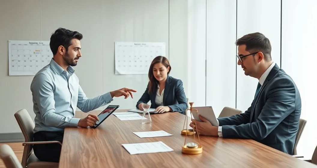 Financial advisor and attorney advising a client over a calendar and tablet with an hourglass and scales of justice on the table