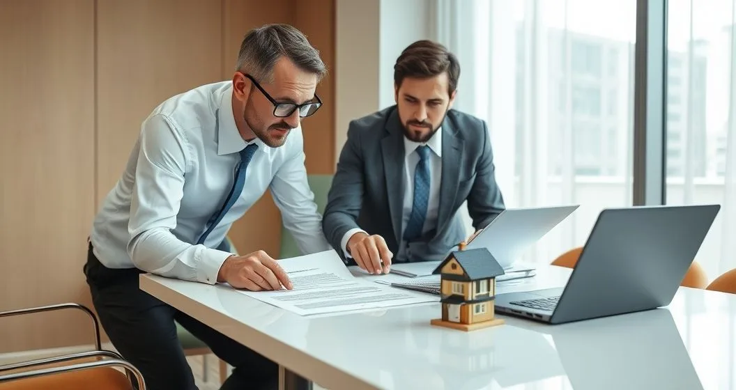 Title agent and attorney point to a highlighted line on a title report as a lender reviews a tablet beside a small house model