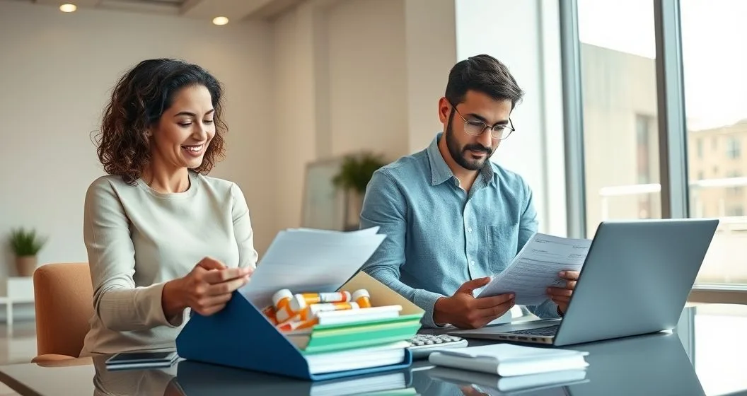 Tax advisor and client organizing medical receipts and invoices at a table with a laptop and calculator