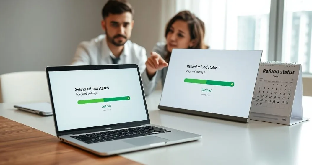 Two professionals reviewing a laptop displaying a refund progress bar with a warning icon indicating a delayed stage and a smartphone showing the same status