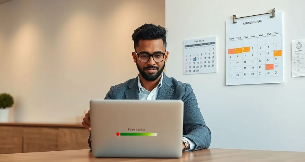 Tax professional and client checking amended return status on a laptop with a progress bar labeled Form 1040 X and a calendar highlighting 8 to 16 weeks.