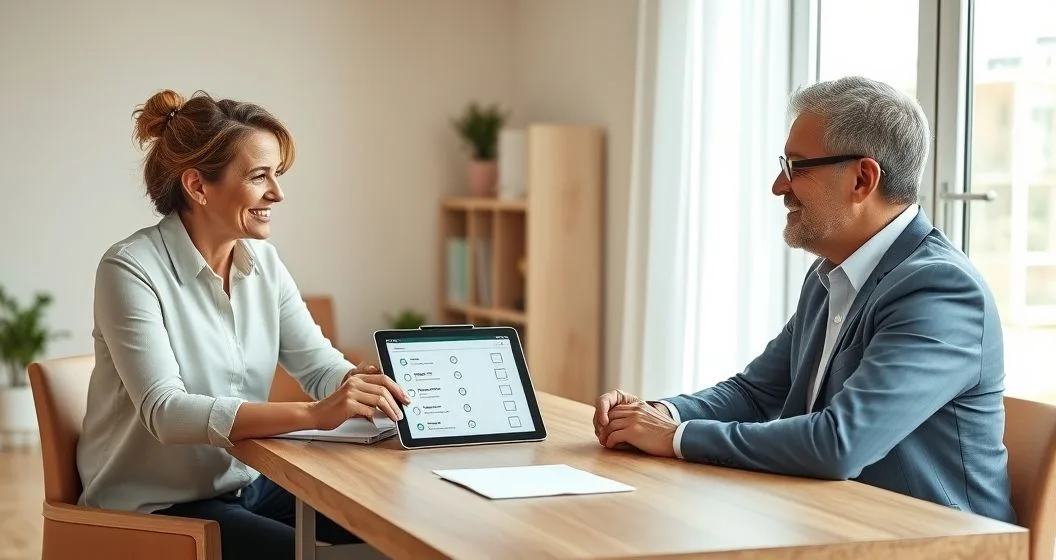 Financial advisor shows a checklist on a tablet to a mature couple in a bright home office as one partner takes notes
