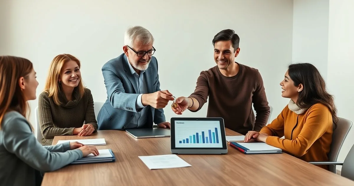 Senior family business leader handing a polished key to younger family members at a modern conference table while pointing to a tablet and laptop.