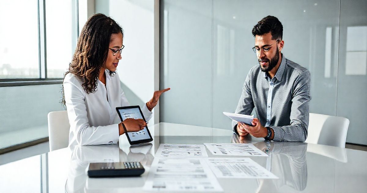 Tax advisor and client reviewing a tablet and printed multi year payment schedule in a modern office