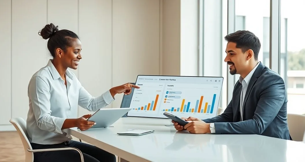Financial advisor showing a tablet with goal icons and stacked bars representing total costs and annual savings to a diverse couple in a modern office