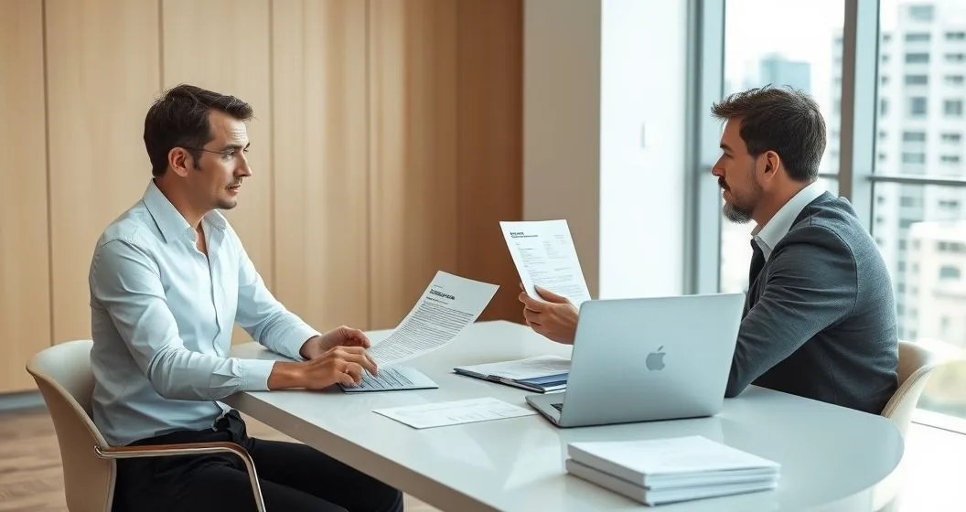 Tax advocate advising a taxpayer across a conference table while pointing to a government notice; laptop screen blurred and files organized