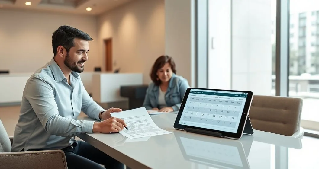 Mortgage counselor and diverse homeowners reviewing and signing a trial modification agreement at a modern bank office table
