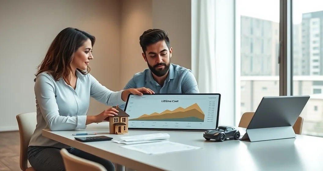 Financial advisor and diverse couple review a tablet with a lifetime cost timeline on a minimalist table with a small house model toy car receipts and a calculator.