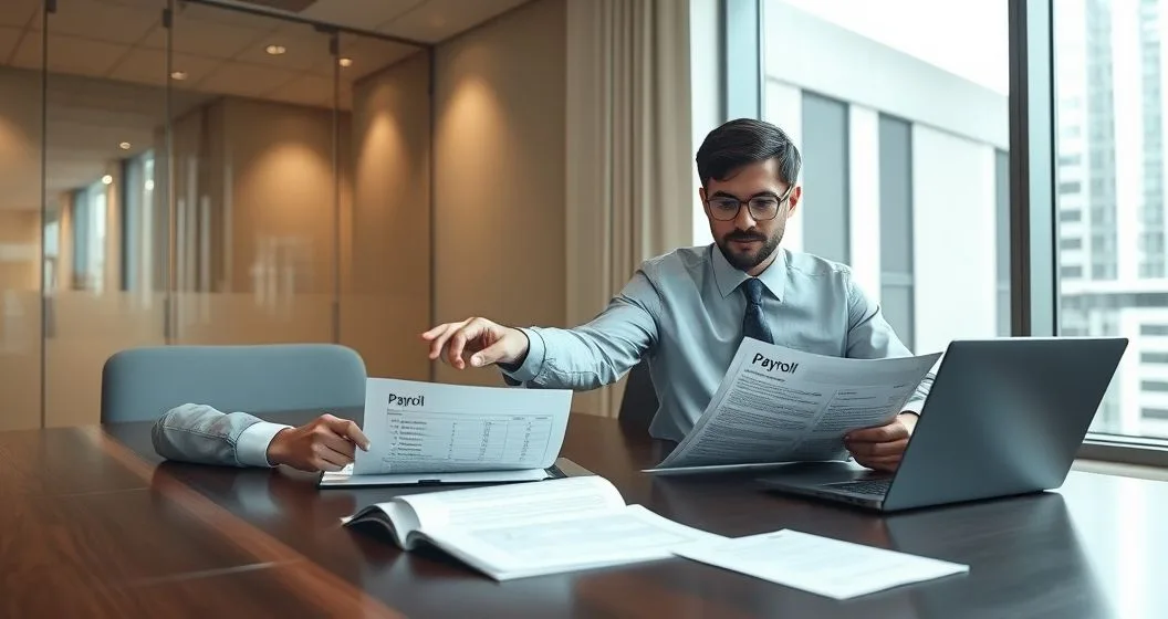 Payroll manager and tax attorney at a conference table reviewing payroll ledger and laptop with an official notice nearby in a serious meeting