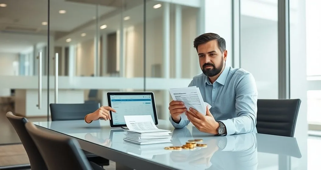 Business owner and tax advisor reviewing payroll remittance on a tablet while owner holds envelope of withheld payroll funds at a conference table