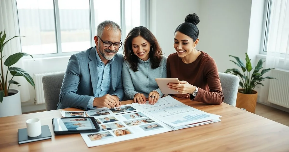 Financial advisor and a diverse couple in a modern meeting room pointing at a tablet and printed plan that translate personal photos and icons into monetary amounts and timelines.