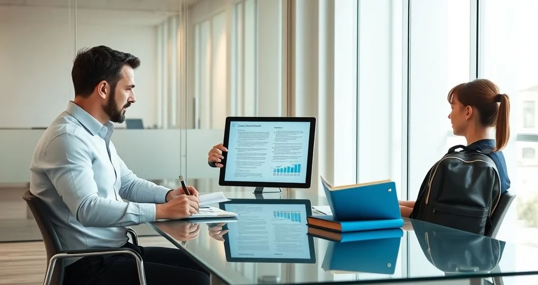Financial advisor discusses tax choices with two separated clients at a conference table, tablet showing two columns and personal items indicating separate households