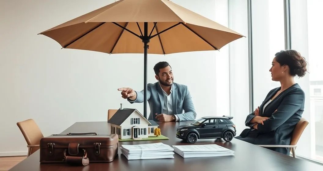 Insurance advisor explains umbrella insurance using an umbrella shielding miniature house car and briefcase on a conference table