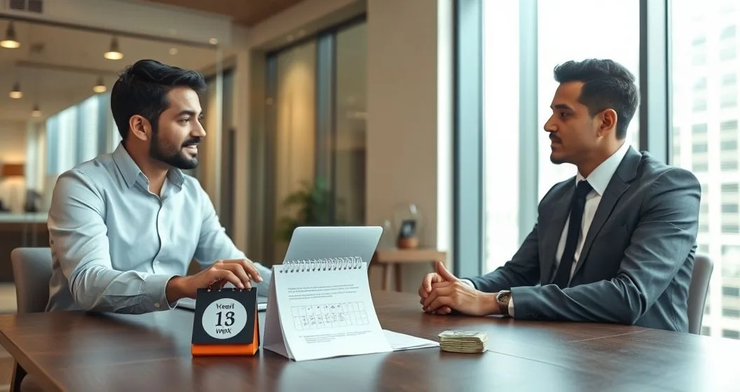 Financial advisor points to a loan document next to a desk calendar with a week circled and cash on the table indicating a short term loan and its high annualized cost