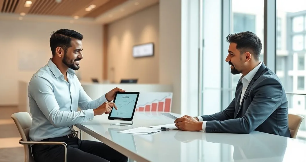 Mortgage advisor shows a tablet with an interest rate timeline marked by capped step segments to a diverse couple in a modern bank office