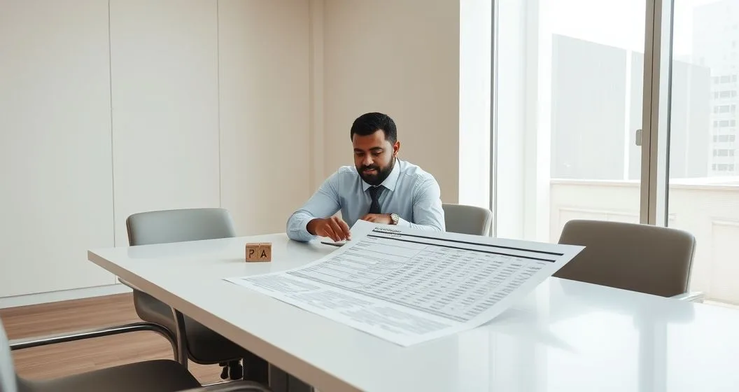 Tax professional and client examining a printed account transcript on a conference table