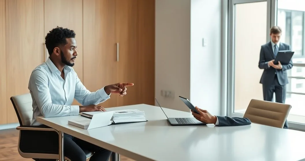 Tax advisor explaining correspondence office and field audits using envelopes binder and an agent with a tablet in a modern office