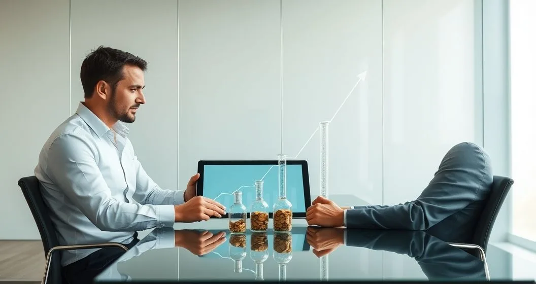 Advisor and client reviewing a tablet with an upward investment chart losing coins through three siphons into jars representing fees taxes and execution costs