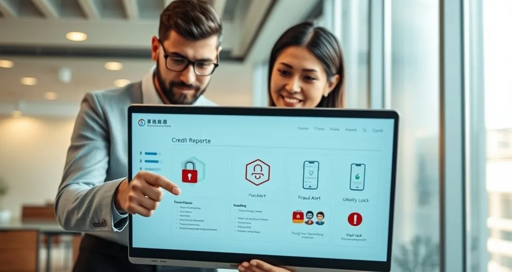 Financial advisor and client view a laptop dashboard with icons for a locked padlock over a credit report a shield with an exclamation symbol and a smartphone with a lock toggle