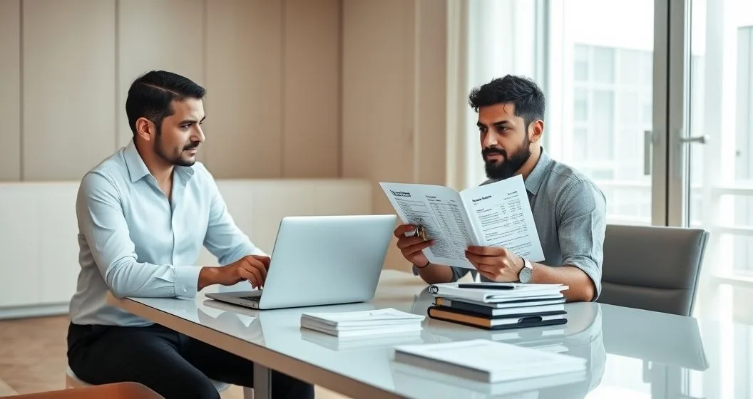 Mortgage advisor points to a red deficit bar on a laptop while a concerned homeowner holds a mortgage statement at a minimalist conference table with keys and documents.