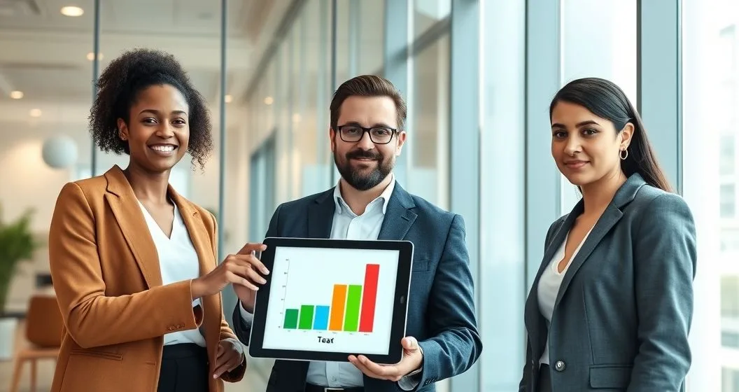 Tax advisor showing clients a tablet with a bar chart where a green segment reduces a red tax liability bar to zero in a modern office